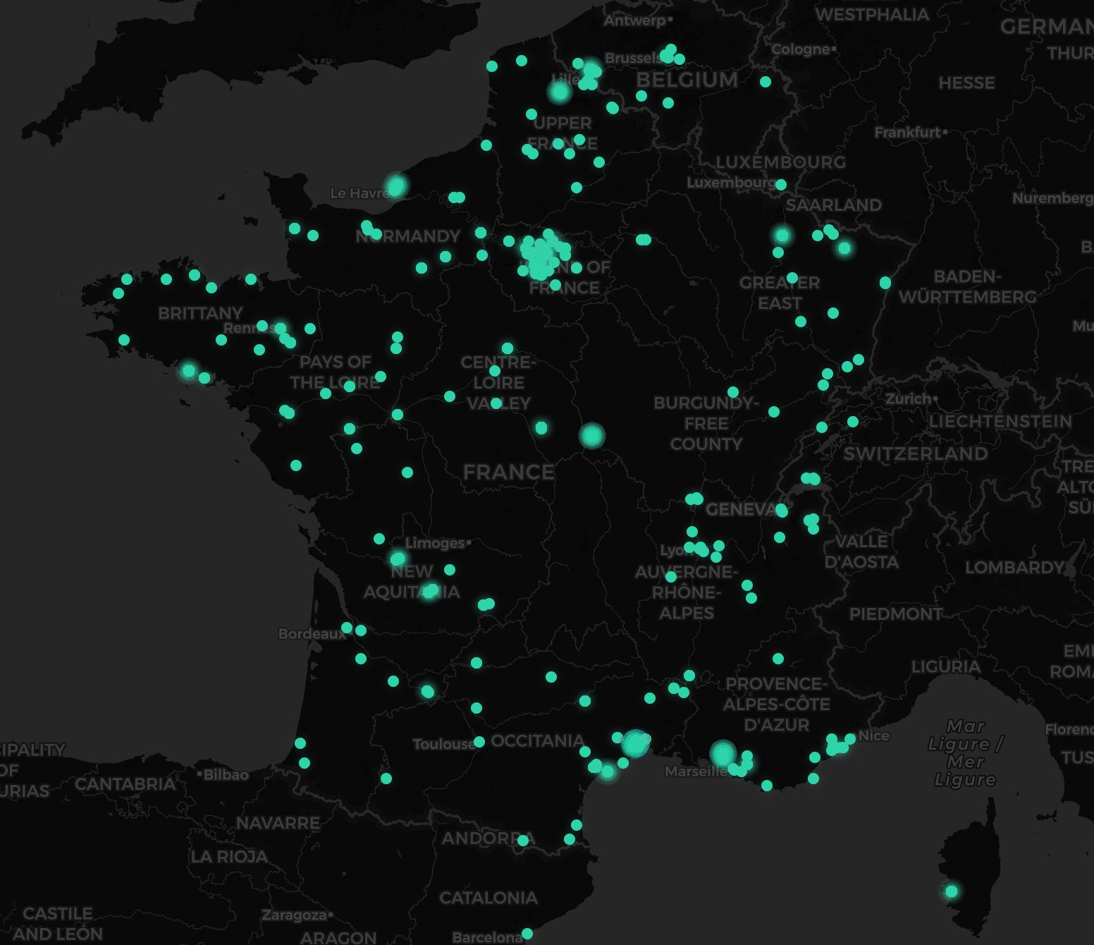 Carte de France des chantiers où RealMark est utilisé